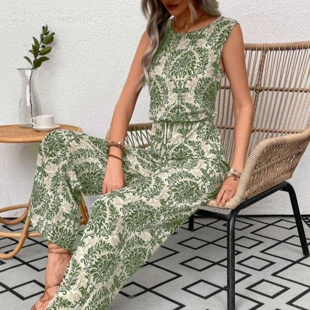 Printed Waist Cinching Casual Straight Leg Pants Set - MAVERICKFITS